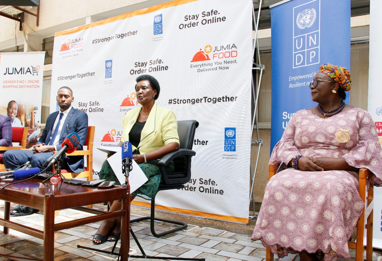 L-R The CEO Jumia Uganda Mr. Ron Kawamara, Minister of Trade, industry and Cooperatives; Hon. Amelia Kyambadde, the UNDP Resident Representative, Ms. Elsie Attafuah during the launch
